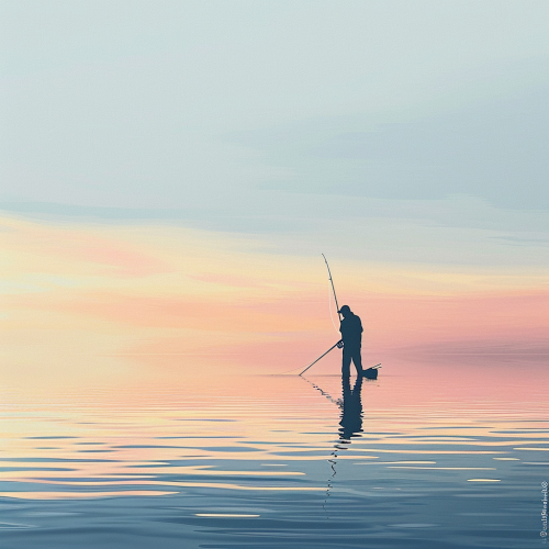 Minimalistic fisherman poster graphic with pastel colors