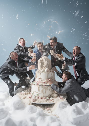 Five businessmen fighting over a mint-cake in the snow