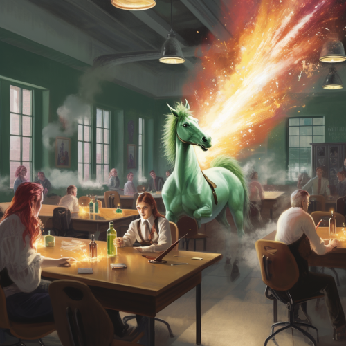 Unicorn with Flamethrower Reading in Classroom