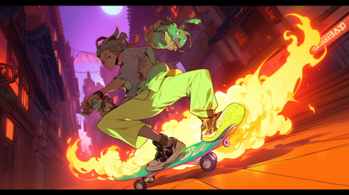 Flaming skateboard in post-apocalyptic city