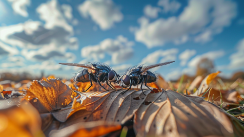 Two flies on leaves sunny day