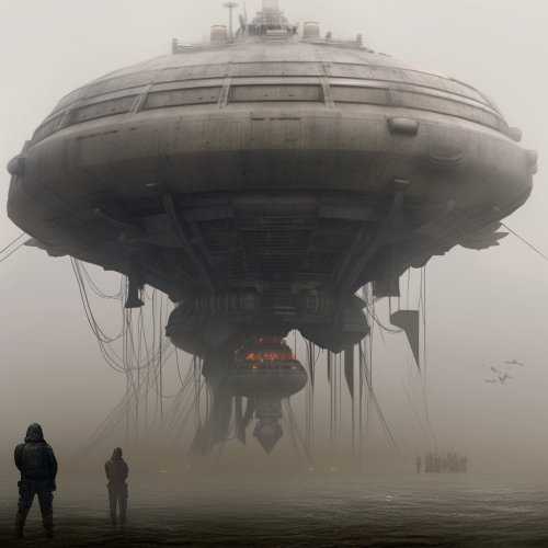Foggy gray enemy ship floating in the air Foggy gray enemy ship floating in the air