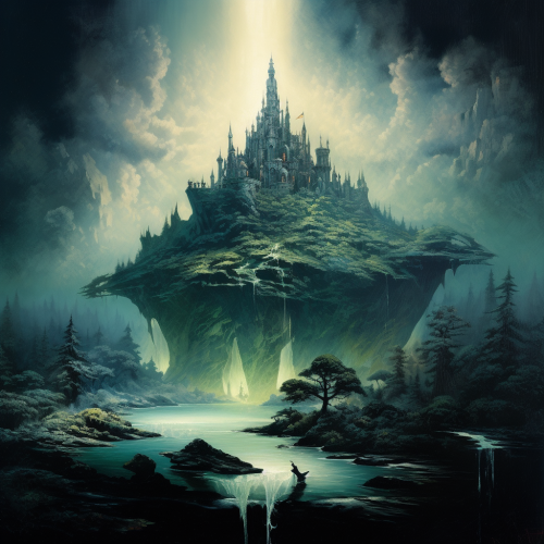 Dark fantasy book cover with floating island castle Dark fantasy book cover with floating island castle