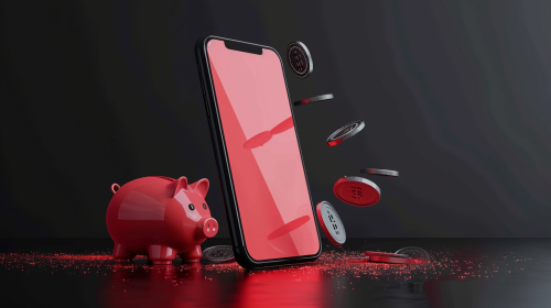 Floating red phone with piggy bank Floating red phone with piggy bank