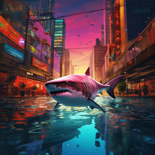 Vibrant floating shark on urban street at midnight