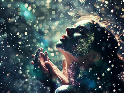Woman covered in glitter floating in space