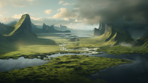 Hyperrealistic floating islands landscape with valley.