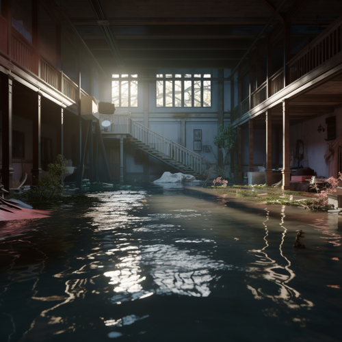 Flooded life-size house with artificial lighting Flooded life-size house with artificial lighting