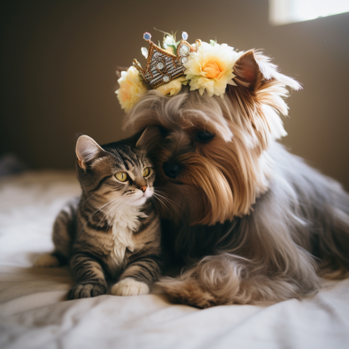 Cute Yorkshire Terrier and Persian Kitten With Flower Crowns Cute Yorkshire Terrier and Persian Kitten With Flower Crowns