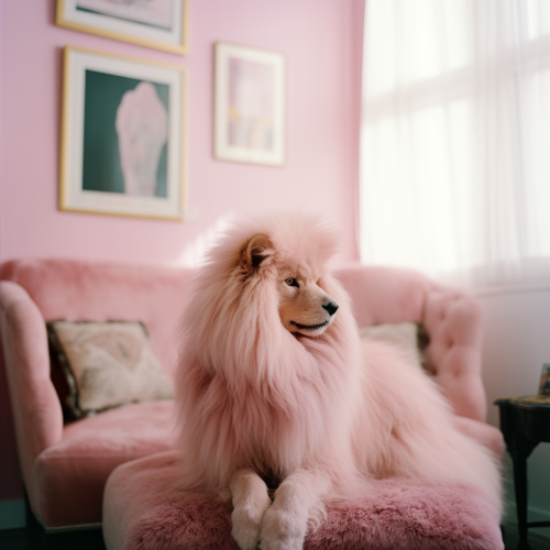 Adorable fluffy pink lion in pastel room