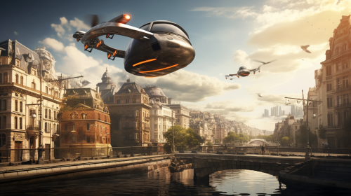 Flying car in cityscape Flying car in cityscape