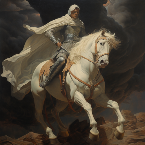 Surrealist dark fantasy art of flying knight carrying barbarian warrior