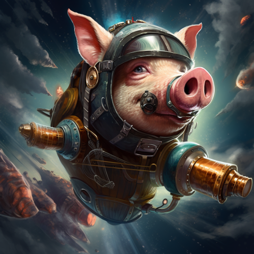 Adventurous pig wearing goggles flying on rocket
