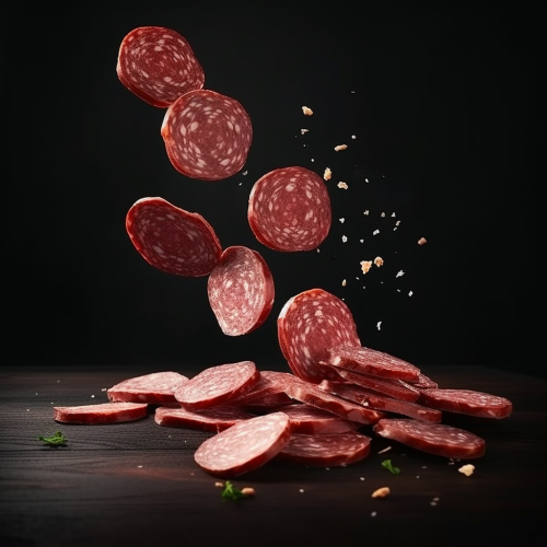 Salami slices flying through the air Salami slices flying through the air