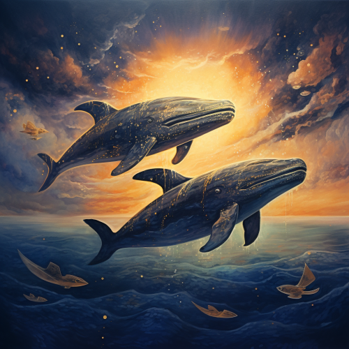 Three whales flying in the sky at sunset