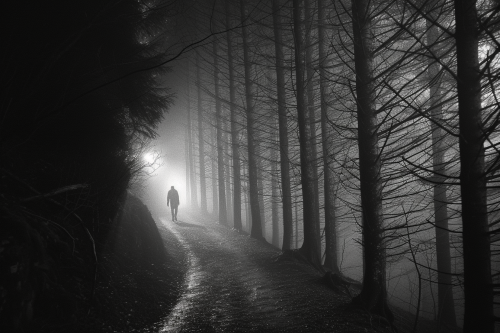 Foggy forest path with lone figure Foggy forest path with lone figure