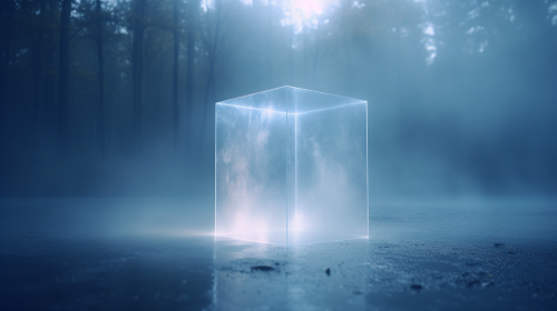 Mysterious glass cube with fog and LED lights