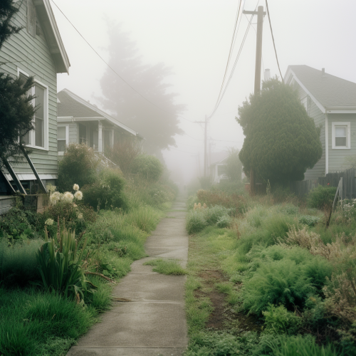 Vintage neighborhood covered in fog