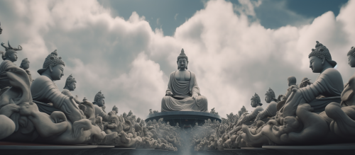 Unique Budda gods in foggy scene