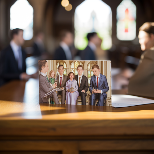 Teenage kids with folding card in church