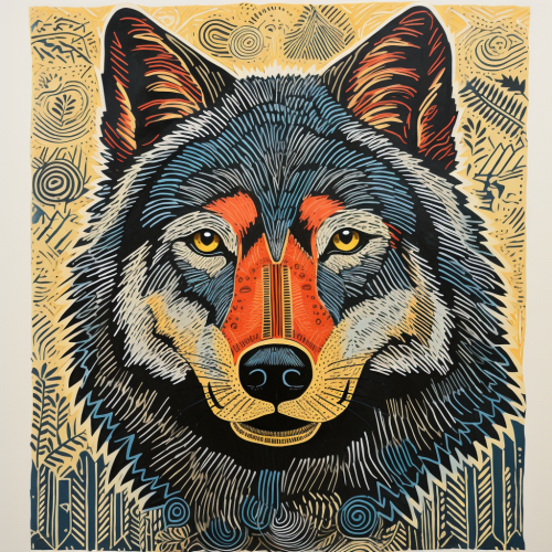 Folk Art Wolf Linocut Print Folk Art Wolf Linocut Print