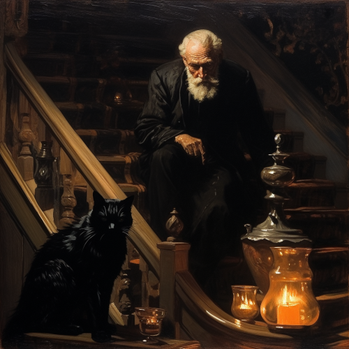 Black cat on stairs with fallen clergyman