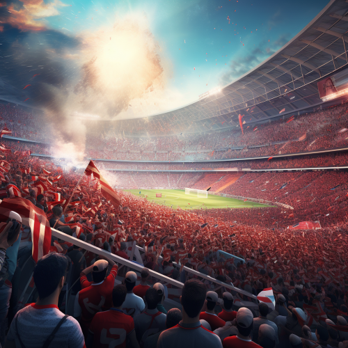 Energetic football stadium crowd with flags and posters