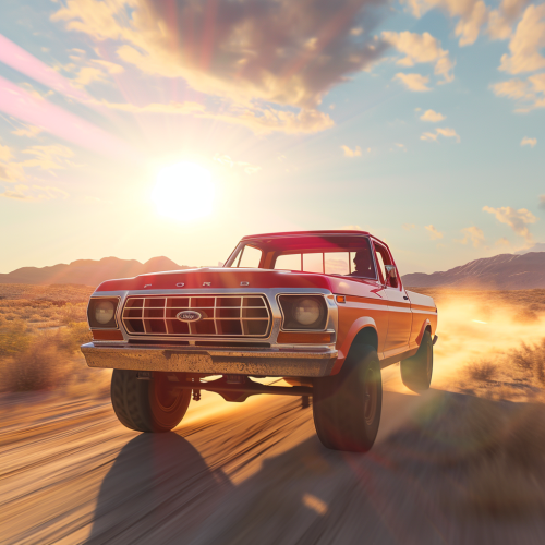 Ford vehicle on desert road with sun