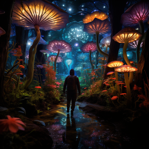 Man walking through stunning bioluminiscent flower forest