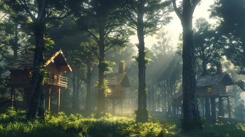 Houses on tall trees in forest