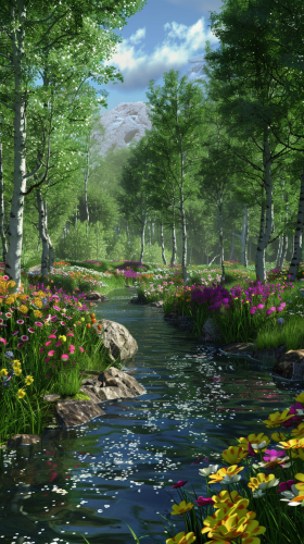 Vibrant Forest River Flowers 3D