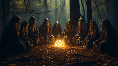 Hooded figures performing cult ritual in the forest