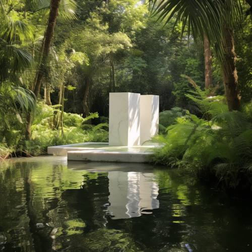 Tranquil forest yard pond with marble sculpture