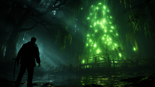 Man with Bioluminescent Light in Dark Gothic Forest