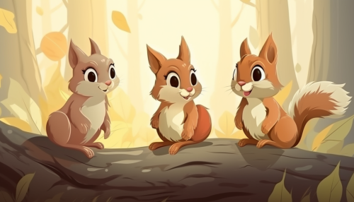 Three cute squirrels playing in the forest