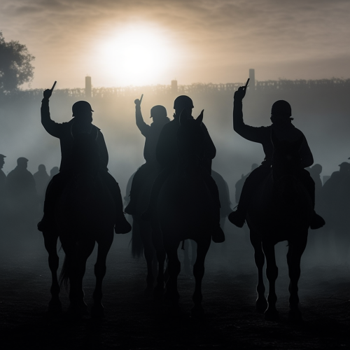Silhouettes of Four Knights Surrounded by Cheering Crowd