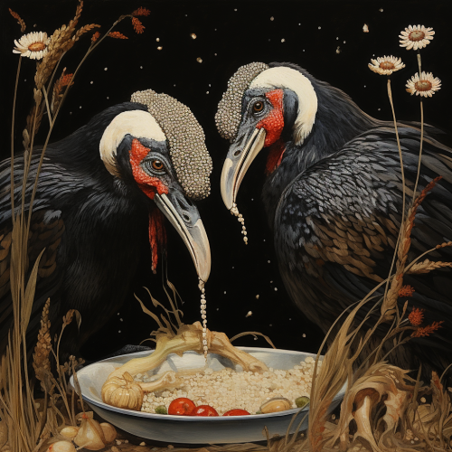 Fowl enjoying a millet feast Fowl enjoying a millet feast