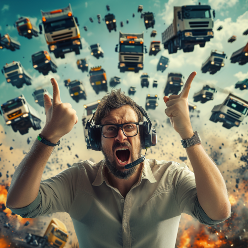 Frantic guy with headset pointing camera commanding flying trucks