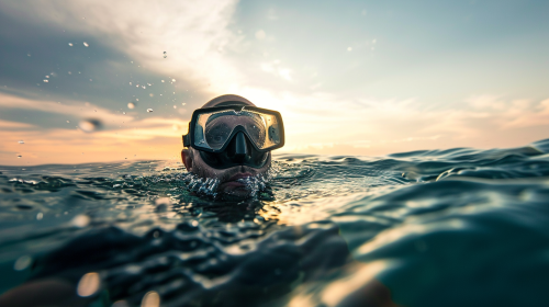 Free diver inhaling at water surface