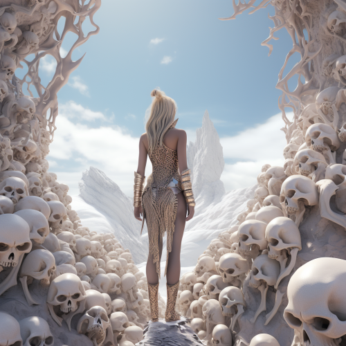 Freyja standing on icy mountain surrounded by skulls Freyja standing on icy mountain surrounded by skulls