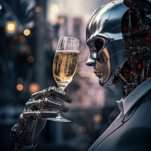 Happy New Year Toast with Friendly AI Robot and Man