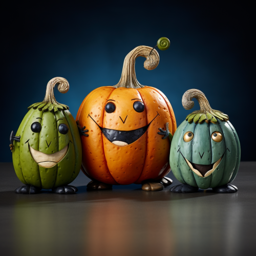 Smiling blue, orange, and green pumpkins