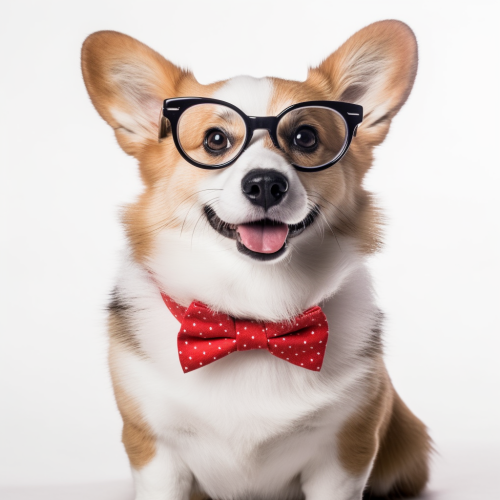 Corgi dog with reading glasses and red tie