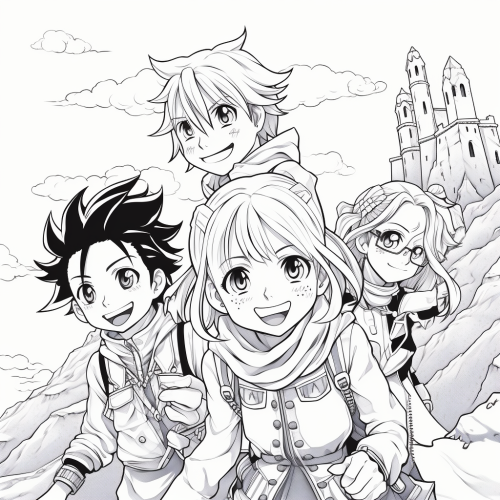Anime-style friends on magical adventure coloring page