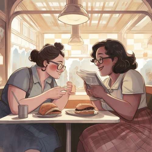 Two friends sharing stories and sandwiches in a diner Two friends sharing stories and sandwiches in a diner
