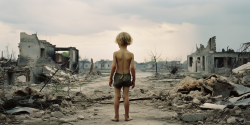 Image of frightened child amidst ruins