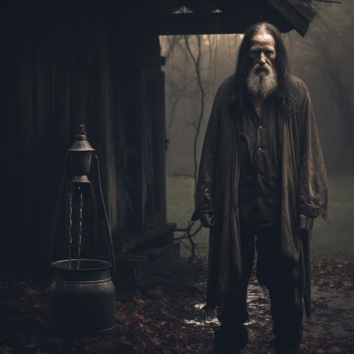 Frustrated old farmer near well with ghost