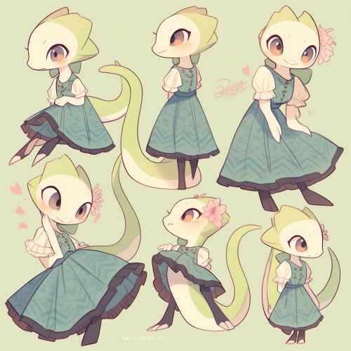 Adorable furry lizard anthropomorphic character in various poses