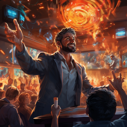 Madman telling stories in future bar