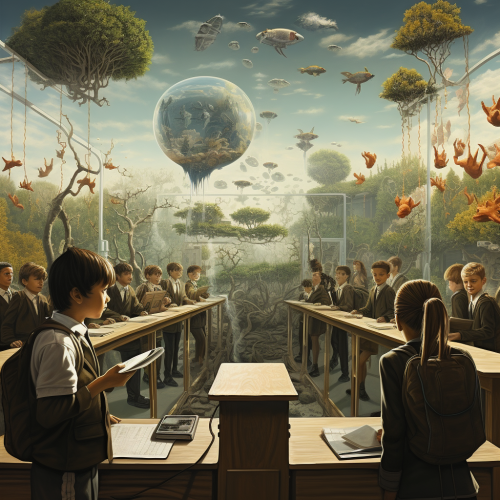 Surreal future classroom with sustainable ecological creatures